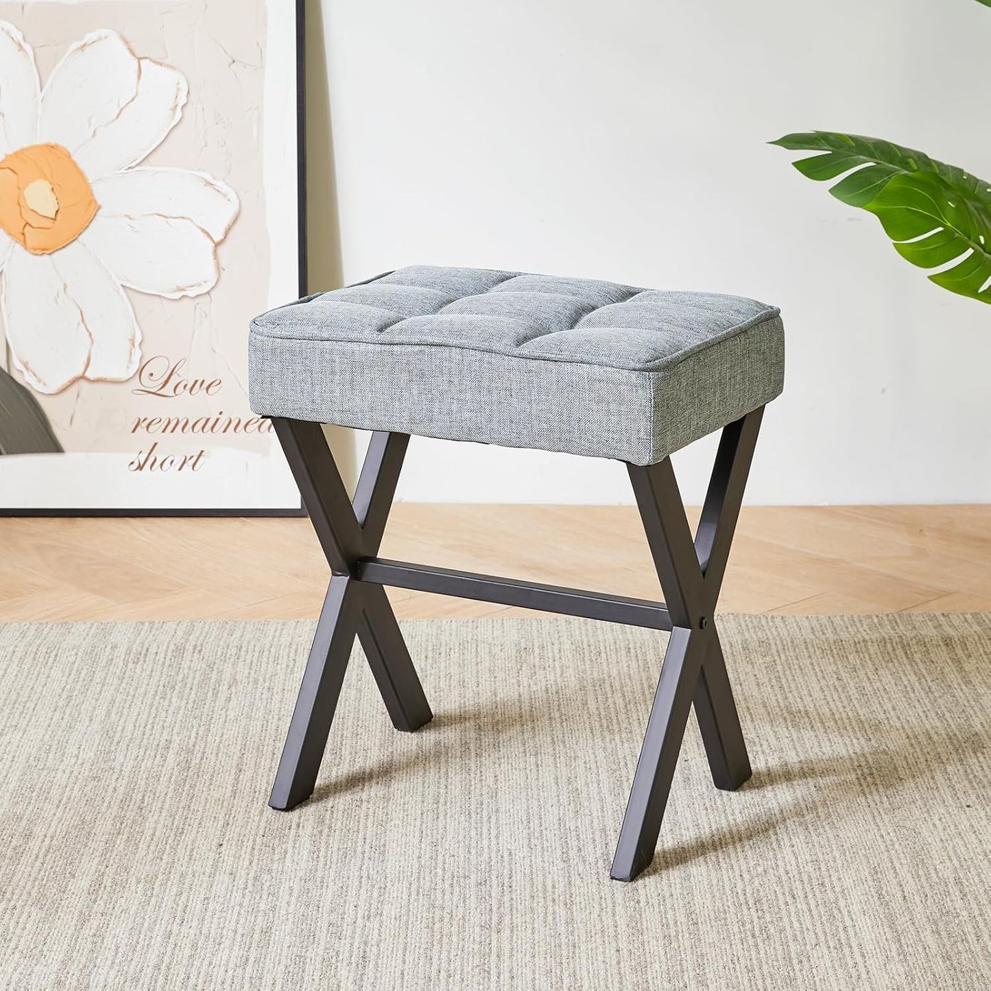 IBUYKE Square Makeup Stool with X-Leg Foot Rest, Linen Footrest, Ottoman Seat, Multi-Use as Small Side Table, for Bedroom, Living Room, Blue Gray LG-70L