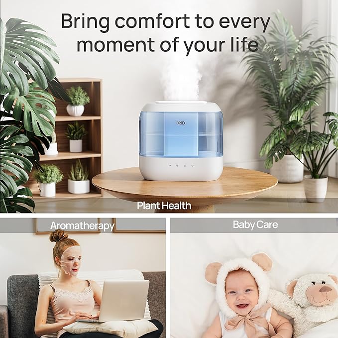 Dreo Humidifiers for Bedroom, Top Fill 4L Supersized Cool Mist Humidifier with Oil Diffuser and Nightlight, 36H Runtime, Quiet Ultrasonic Humidifiers for Home, Large Room, Baby Nursery and Plants
