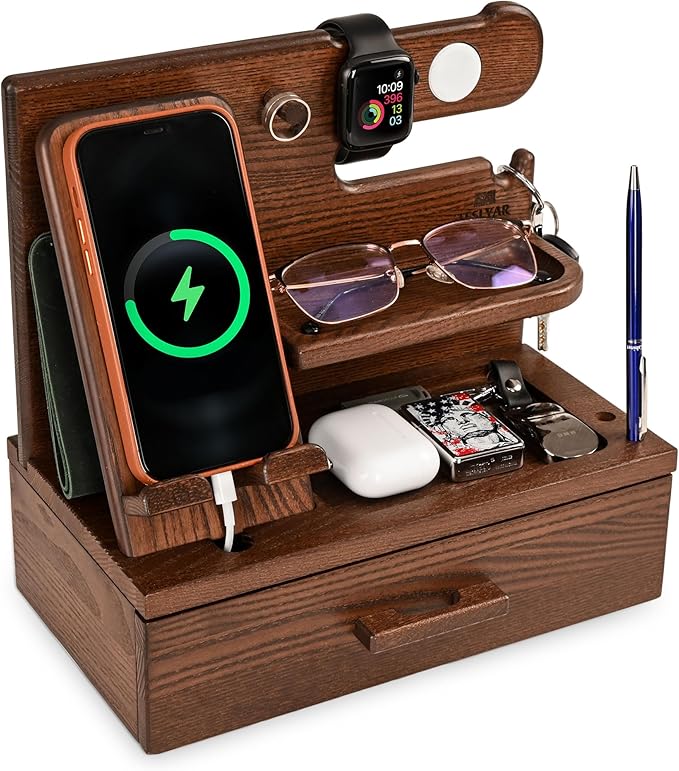 TESLYAR Wood Phone Docking Station with Drawer - Nightstand Organizer - Desk Organizer for Husband - Birthday Gifts for Men, Dad, Anniversary Idea, Key Holder Stand Watch & Accessories (Bourbon Brown)