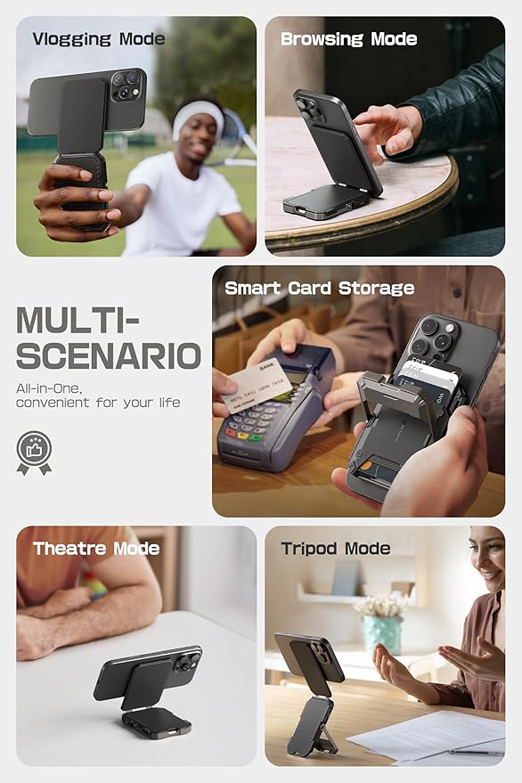 SUPCASE for MagSafe Wallet with Stand, Magnetic Wallet for Men, [Hold 5 Cards] [Adjustable Stand] [RFID Blocking] Phone Credit Card Holder Tripod for iPhone 16/15/14/13/12 Series, Black