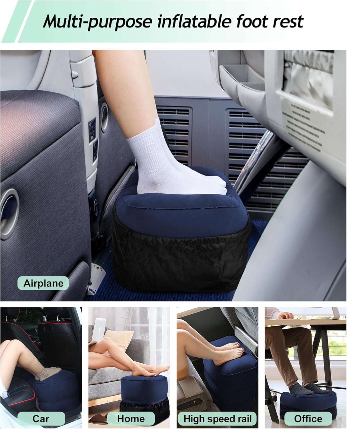 JefDiee Inflatable Travel Foot Rest Pillow, Kids Airplane Bed, Adjustable 3 Layers Height Leg Rest Pillow, Adults Travel Essentials Great for Airplane, Office, Home, Trains, Cars (Blue)