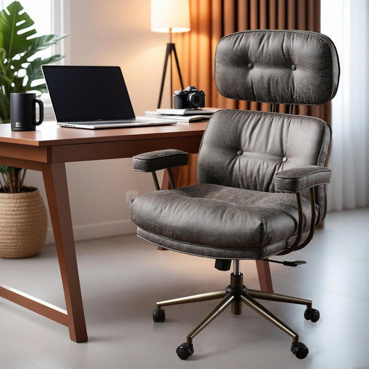 ovios Home Office Chair, Mid-Century Modern Faux PU Leather Chairs with Lumbar Support Comfy Thick Cushion, High Back Ergonomic Swivel Rolling Executive Armchair (Dark Grey, Suede Leather)