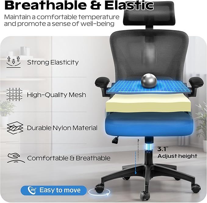 Ergonomic Office Chair, Home Office Desk Chair with Headrest, High Back Mesh Chair with Flip-up Armrests, Comfy Desk Chair with Lumbar Support, Rolling Swivel Task Computer Chair for Home Office