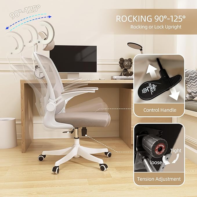 Monhey Office Chair Ergonomic Desk Chair with Lumbar Support&Headrest&Flip-up Arms Height Adjustable Rocking Swivel High Back Computer Chair Warm Taupe Mesh Study Chair (04White+Khaki)