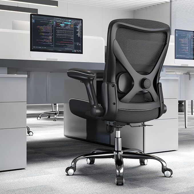 Ergonomic Office Chair-Computer PU Leather X-Shaped Desk Chair-Gaming Chair with Adjustable Flip-up Armrests Lumbar Support Mesh Executive Chair for Long Hours Office (Black)