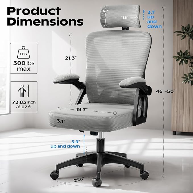 Ergonomic Office Chair, Home Office Desk Chair with Headrest, High Back Mesh Chair with Flip-up Armrests, Comfy Desk Chair with Lumbar Support, Rolling Swivel Task Computer Chair for Home Office