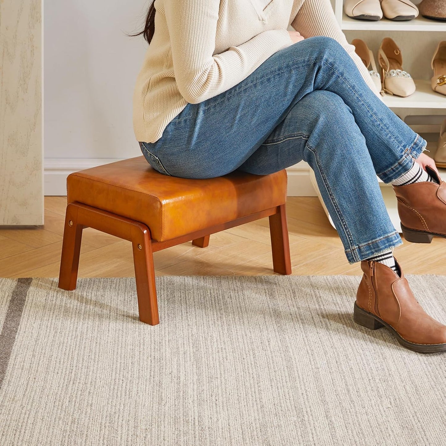 IBUYKE 10.2” H Small Foot Stool Ottoman, Rectangle PU Faux Leather Foot Rest with Padded Seat and Wood Legs, Modern Ottoman Foot Rest for Living Room Bedroom Couch Office, Yellowish-Brown WBD013J