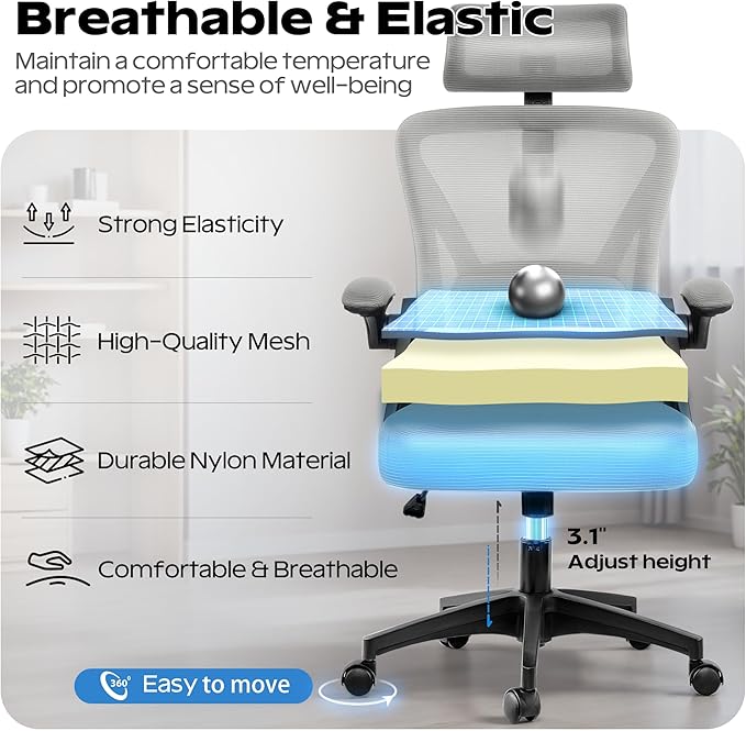 Ergonomic Office Chair, Home Office Desk Chair with Headrest, High Back Mesh Chair with Flip-up Armrests, Comfy Desk Chair with Lumbar Support, Rolling Swivel Task Computer Chair for Home Office