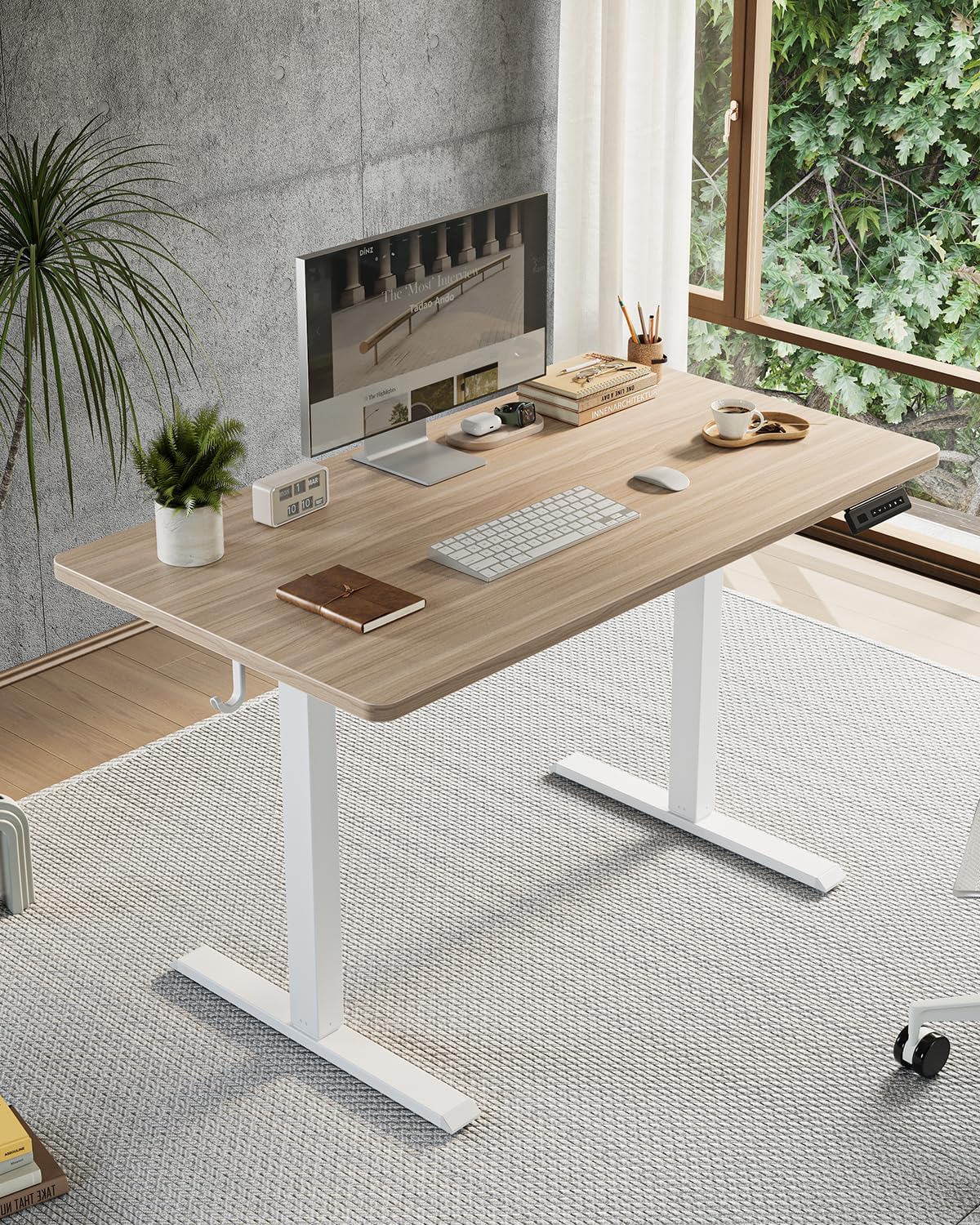 FEZIBO One-Piece Standing Desk Adjustable Height Stand up Home Office Desk, 32x24 Inch Electric Standing Computer Desk, with 4 Memory Presets, Fixable casters, Light Rustic