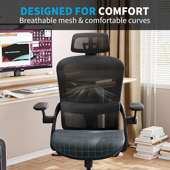 Monhey Office Chair Ergonomic Desk Chair with Lumbar Support&Headrest&Flip-up Arms Height Adjustable Rocking Swivel High Back Computer Chair Warm Taupe Mesh Study Chair (04black)