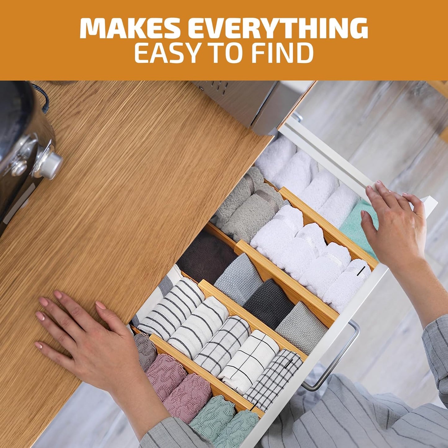 Bambüsi 4 Pack Drawer Divider - Bamboo 2.6" High, 12.5-17" Adjustable Drawer Organizers for Clothes, Expandable Dresser Separators in Bedroom/Bathroom/Kitchen/Office Organization and Storage