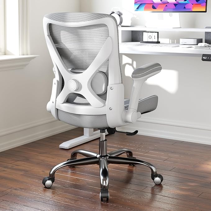 Ergonomic Office Chair-Computer PU Leather X-Shaped Desk Chair-Gaming Chair with Adjustable Flip-up Armrests Lumbar Support Mesh Executive Chair for Long Hours Office (White-Grey)