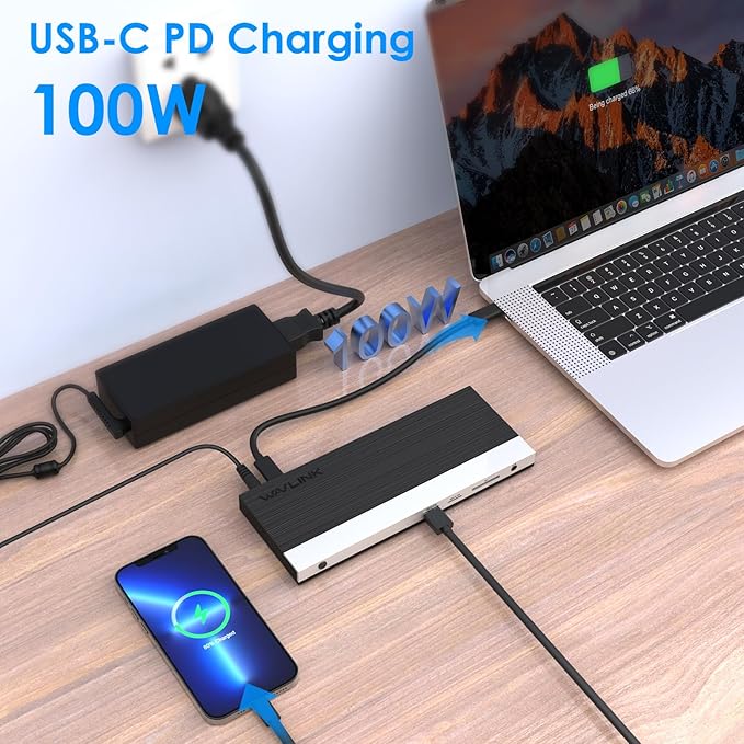 WAVLINK USB C Docking Station 4K Triple Display (2 HDMI + 1 Displayport) with 100W PC Charging, Gigabit Ethernet, 4 USB 3.0, SD/TF Card Slot, Audio, for Dell HP MacBook Lenovo and Other USB C Laptops