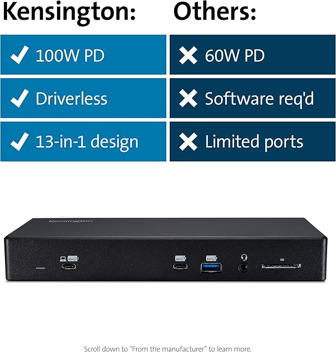 Kensington SD4850P USB-C Docking Station for Dell, HP, Lenovo, Surface, PixelBook, Pixel Slate- Dual 4K Video, 100W PD (K34115NA)