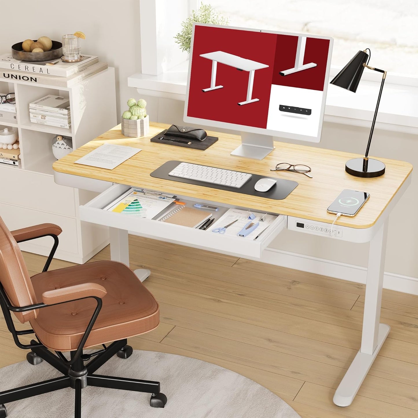 Standing Desk with Drawer, Electric Height Adjustable Home Office Desk with Storage & USB Ports, 48 inch Bamboo Texture Tabletop/White Frame