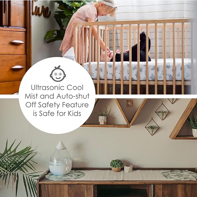 Crane White Teardrop Ultrasonic Cool Mist Humidifier, 1 Gallon Auto Shut-Off for Large Room, Baby Nursery, Bedroom Office, Clear & White