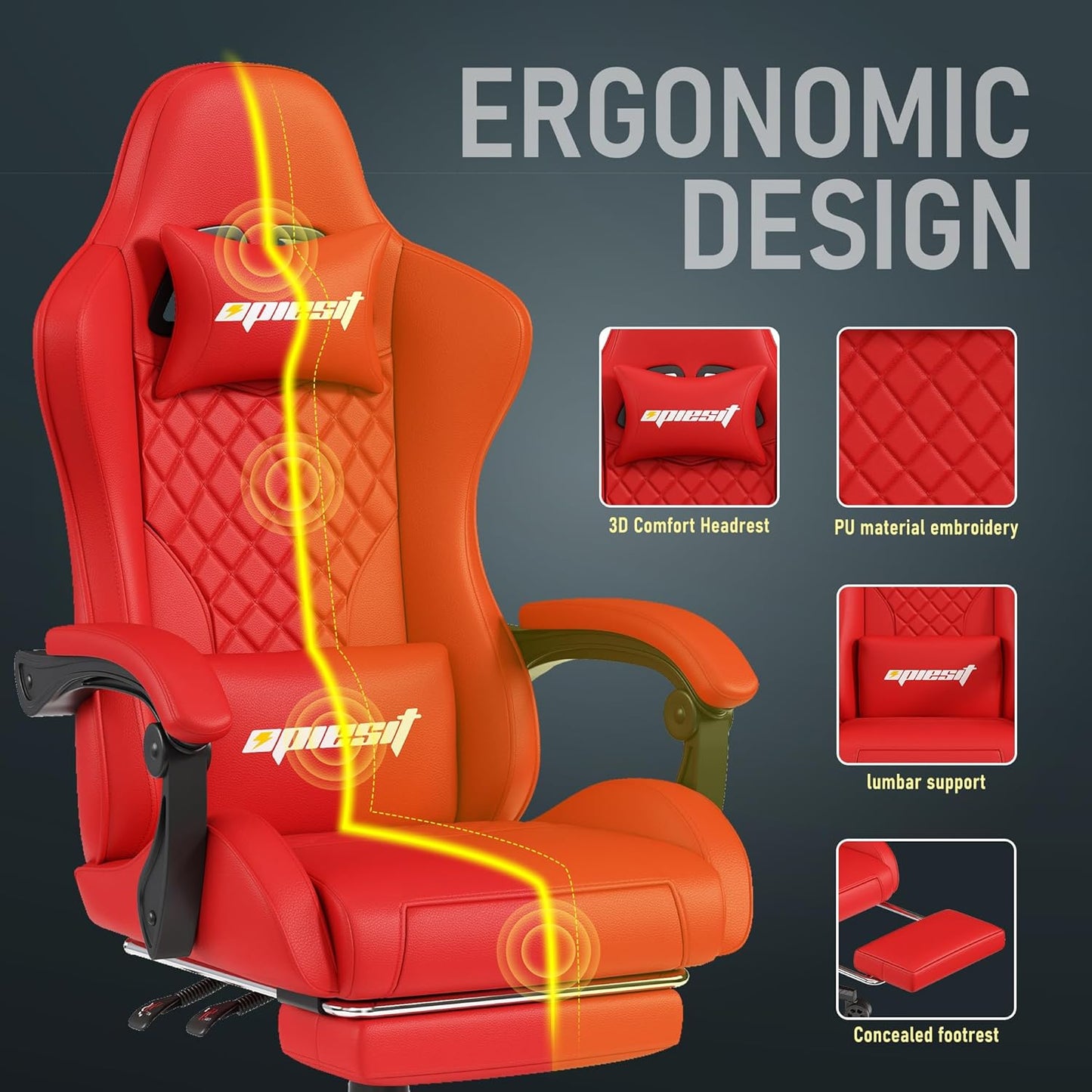 Gaming Chair,Ergonomic Computer Chairs for Adults with Footrest, PU Leather Office Chair with Adjustable Lumbar Support & Pocket Spring Cushion - Heavy Duty 400lb Capacity Gamer Chair (Red)
