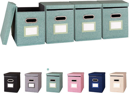 4 Pack Hanging File Folders Organizer with Lid, Letter Size Fabric File Storage Box Collapsible, Portable Office Document Holder with Metal Handle, Smooth PVC Rails, Green