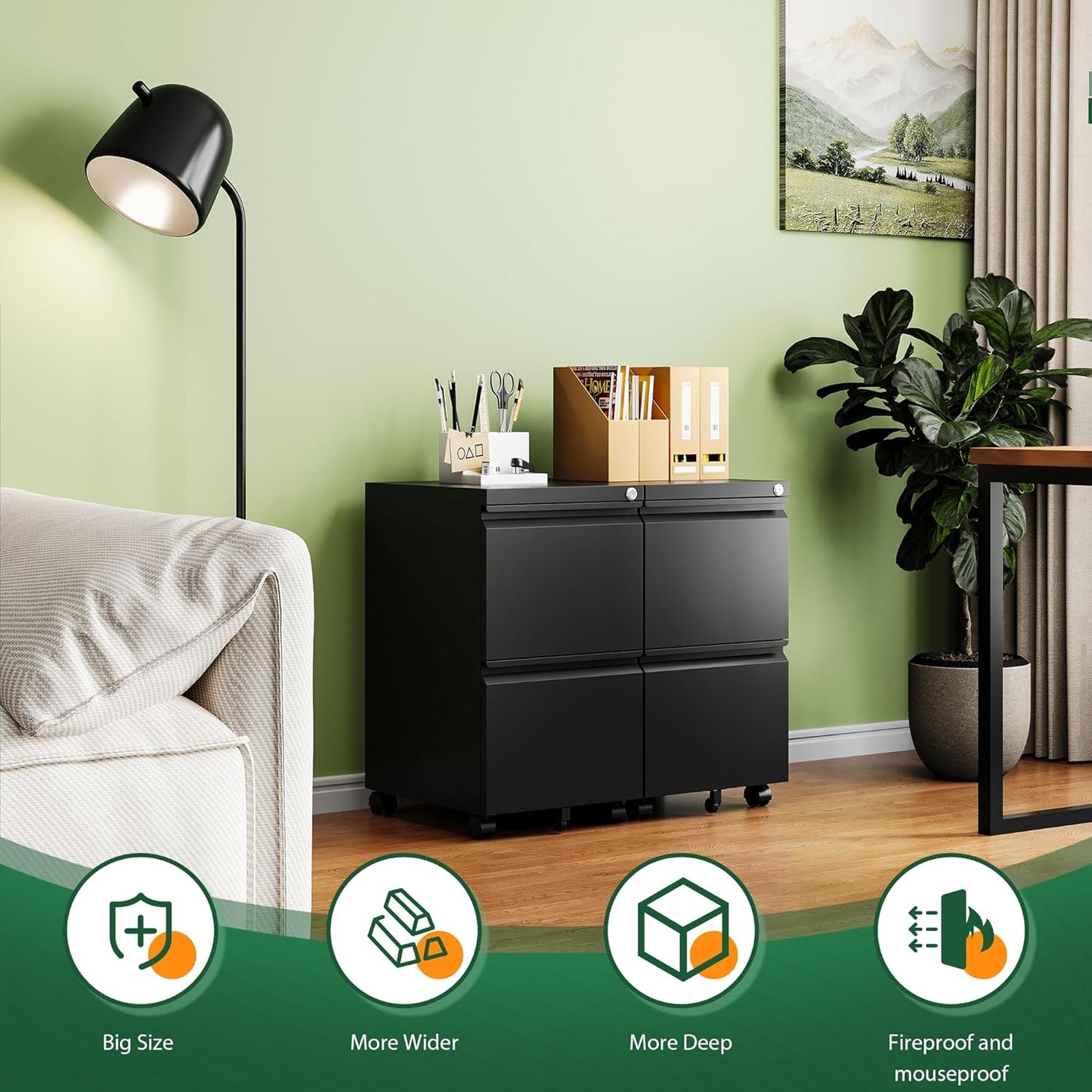 Letaya Mobile File Cabinet with Lock,2 Drawer Under Desk Metal Rolling Filing Cabinets for Home Office Organizer Letters/Legal/A4(Fully Assembled-Black)