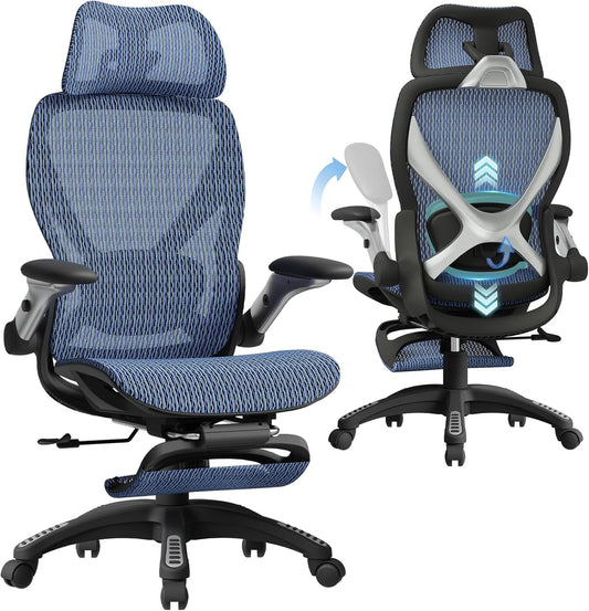 ELABEST X100 Ergonomic Office Chair with Footrest, Big and Tall Home Desk Chair with 5D Flip-Up Arms, Adjustable 8D Lumbar Support,High Back Rolling Computer Chair, Swivel Mesh Chairs (Oaxaca Blue)