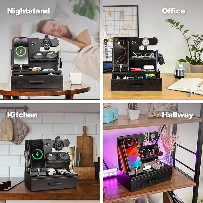 TESLYAR Wood Phone Docking Station with Drawer - Nightstand Organizer - Desk Organizer for Husband - Birthday Gifts for Men, Dad, Anniversary Idea, Key Holder Stand Watch & Accessories (Fumed Black)
