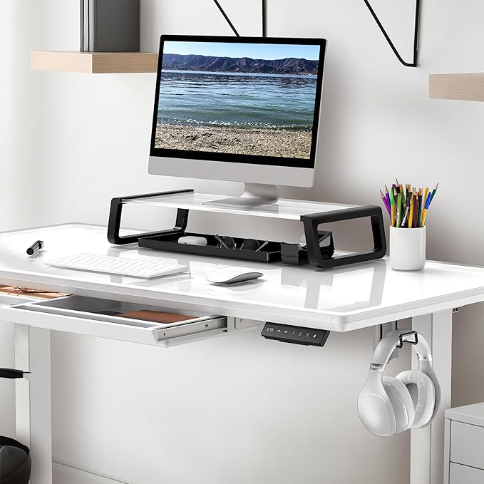SHW 48x24 Glass Electric Height Adjustable Standing Desk – Motorized Sit Stand Desk with Monitor Riser, Pull-Out Drawer, Memory Presets, White