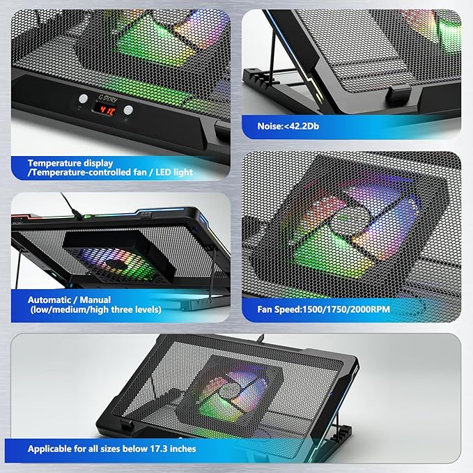 G-STORY Gaming Laptop Cooling Pad with Movable Fan and Automatic Speed Adjustable by Temperature,Music Sync RGB Light,Low Noise Laptop Cooler 3 Speed 1500/1750/2000RPM(140MM) Stand 12–18" Notebook