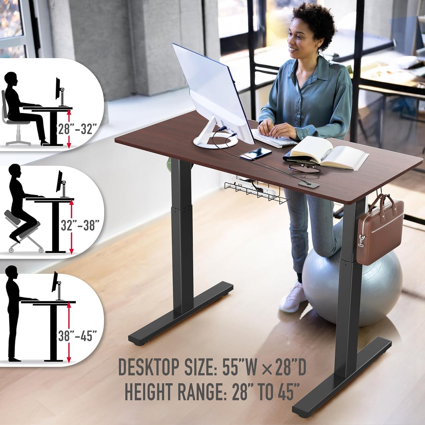 SHW 55 x 28 Inches Electric Height Adjustable Standing Desk with Drawer and Memory Preset, Cherry