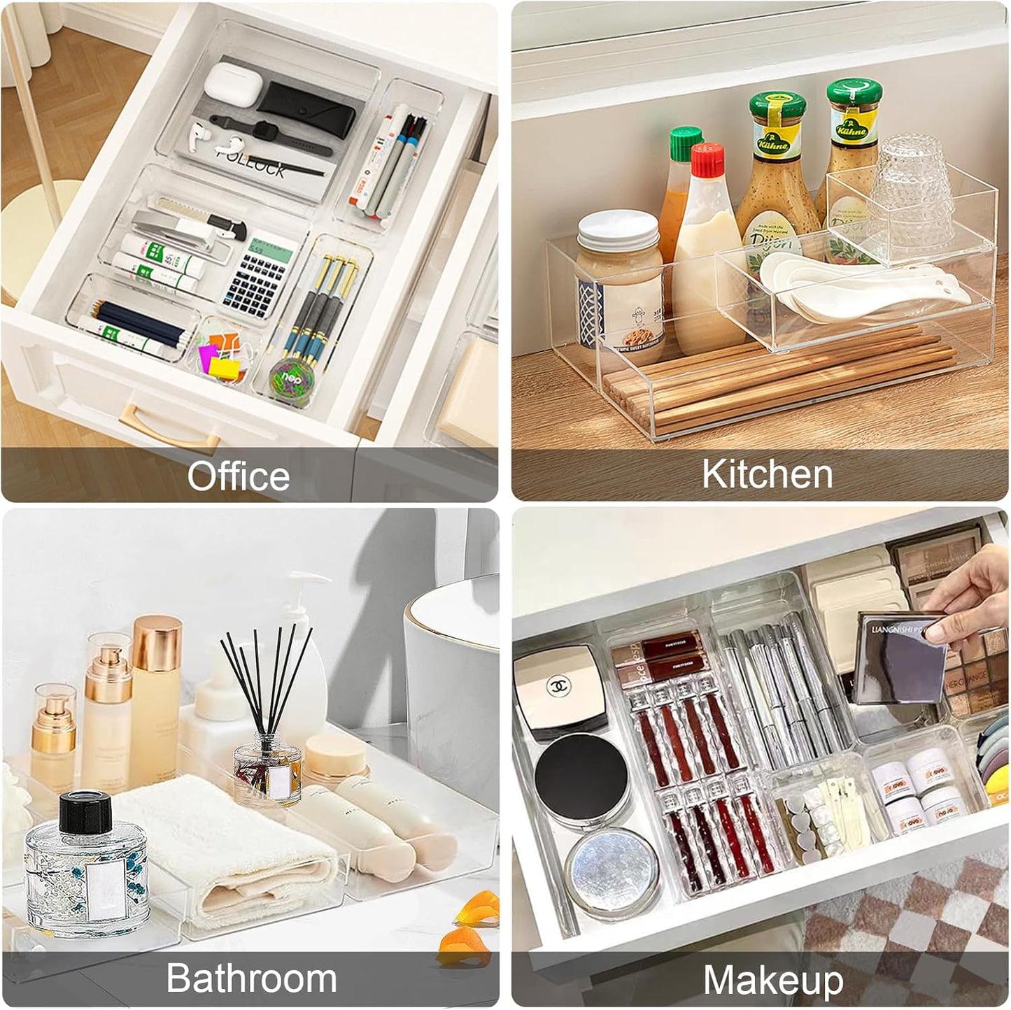 Stackable Acrylic Drawer Organizer Set, 11 PCS Multi-Size Storage Bins for Makeup, Office Desk, Bathroom, Vanity and Kitchen Utensils