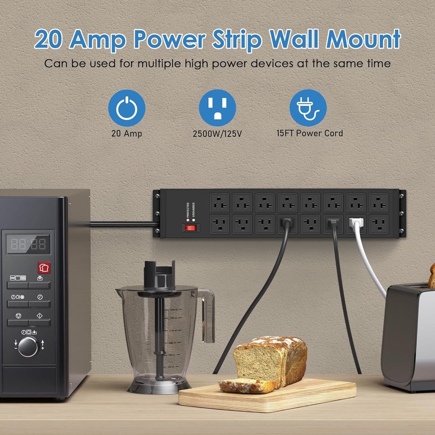 JUNNUJ Heavy Duty 20 Amp Power Strip 4800J, 16 Outlets 12 Gauge Garage Industrial Surge Protector, High Amp 5-15P Adapter Shop 6-20R T-Slot Metal Outlet, 15 FT Extension Cord Commercial for Appliance