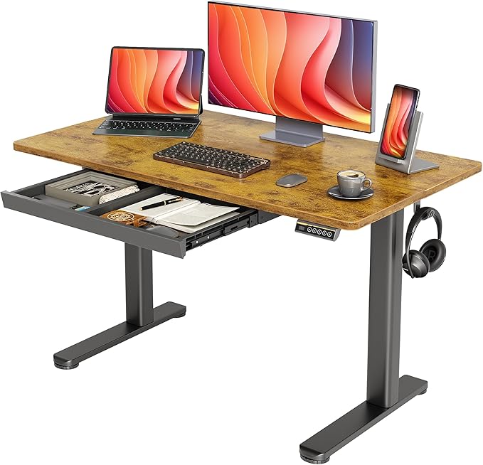 YDN Standing Desk with Drawers, Electric Adjustable Height 48 x 24 Inch Stand Up Desks for Home Office, Rustic Brown
