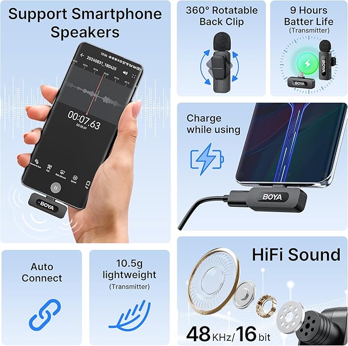 BOYA BY-V10 Wireless Microphones for iPhone 15/16 Series, Android/Laptop with USB-C Port, 328ft Range, 9H Battery Life, Noise Reduction Mini Mic Clip on Lapel Microphone Wireless for Video Recroding