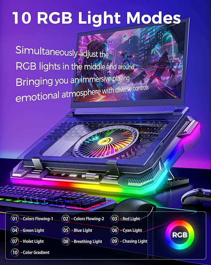 AICHESON Gaming Laptop Cooling Pad with Full RGB Lights, Powerful Cooler Fan Stand for 15-19 inch Gamer Heavy Duty Laptops and PC Computers
