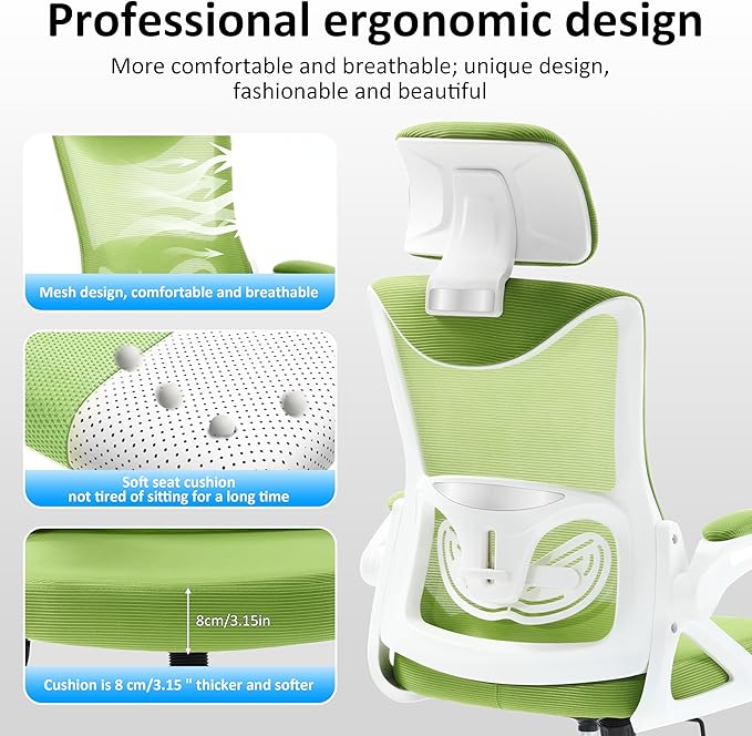 Fizzin Ergonomic Office Chair 400 LBS, High Back Desk Chair with Adjustable Lumbar Support, Mesh Computer Chair with Thicker Seat Cushion and Tilt Function for Home Offices (Green)