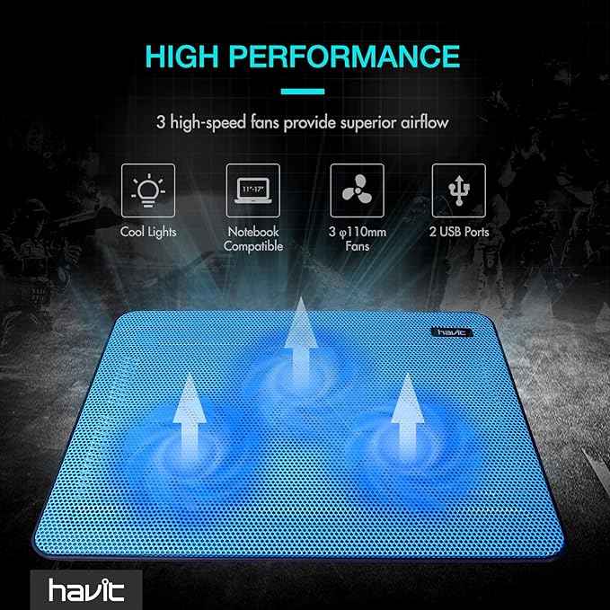Havit HV-F2056 15.6-17 Inch Laptop Cooler Cooling Pad - Slim Portable USB Powered (3 Fans) (Blue)