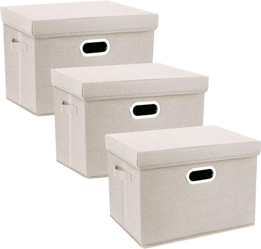 TYEERS Large Storage Bins with Lids, Collapsible, Washable, Fabric Storage Boxes for Organizing, 17.3x11.8x11.4 inches, 3 Pack, Beige