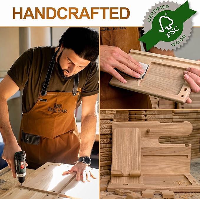 TESLYAR Wood Phone Docking Station with Drawer - Nightstand Organizer - Desk Organizer for Husband - Birthday Gifts for Men, Dad, Anniversary Idea, Key Holder Stand Watch & Accessories (Bourbon Brown)