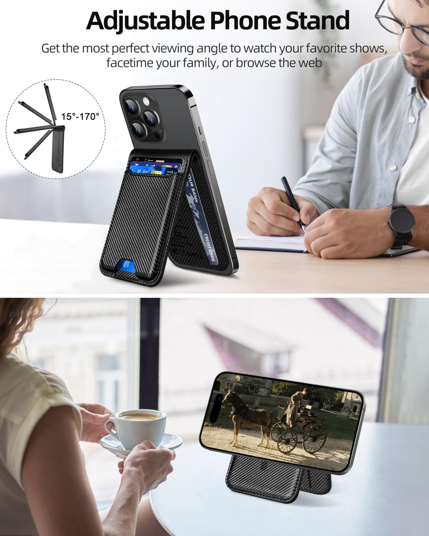 for Magsafe Wallet, Works with Apple Find My, Strongest Magnetic Wallet for iPhone 16/15/14/13/12 Series, for iPhone Walle t with Adjustable Stand, 3 Card Slots, 6 Cards Holder, Vegan Leather, Black