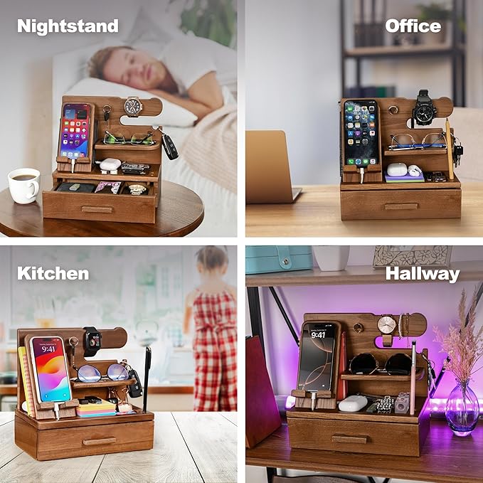 TESLYAR Wood Phone Docking Station with Drawer - Nightstand Organizer - Desk Organizer for Husband - Birthday Gifts for Men, Dad, Anniversary Idea, Key Holder Stand Watch & Accessories (Desert Beige)