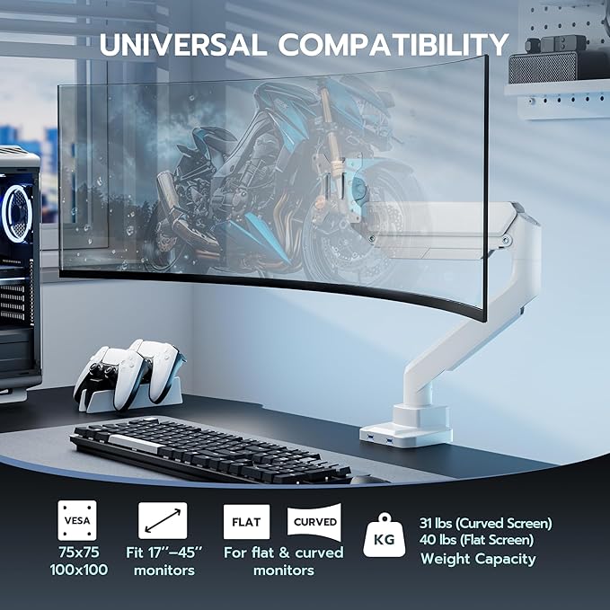 ARES WING Single Monitor Arm, Heavy Duty Adjustable Monitor Arm for 13"-45" Screens with USB, Gas Spring Desk Mount Stand with C Clamp/Grommet Mounting Base up to 40lbs Computer, White