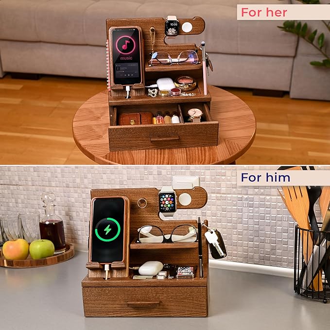 TESLYAR Wood Phone Docking Station with Drawer - Nightstand Organizer - Desk Organizer for Husband - Birthday Gifts for Men, Dad, Anniversary Idea, Key Holder Stand Watch & Accessories (Earth Beige)