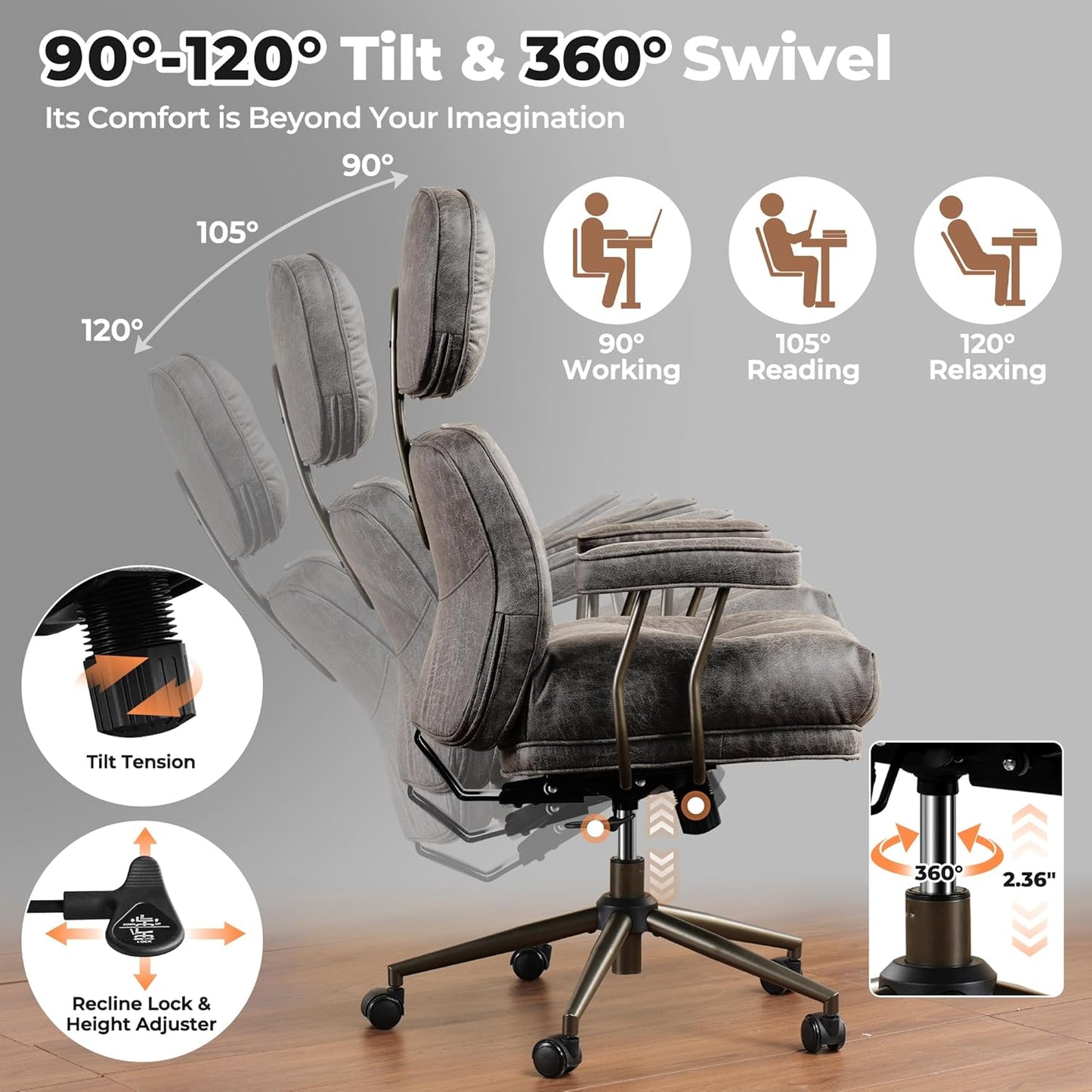 ovios Home Office Chair, Mid-Century Modern Faux PU Leather Chairs with Lumbar Support Comfy Thick Cushion, High Back Ergonomic Swivel Rolling Executive Armchair (Dark Grey, Suede Leather)