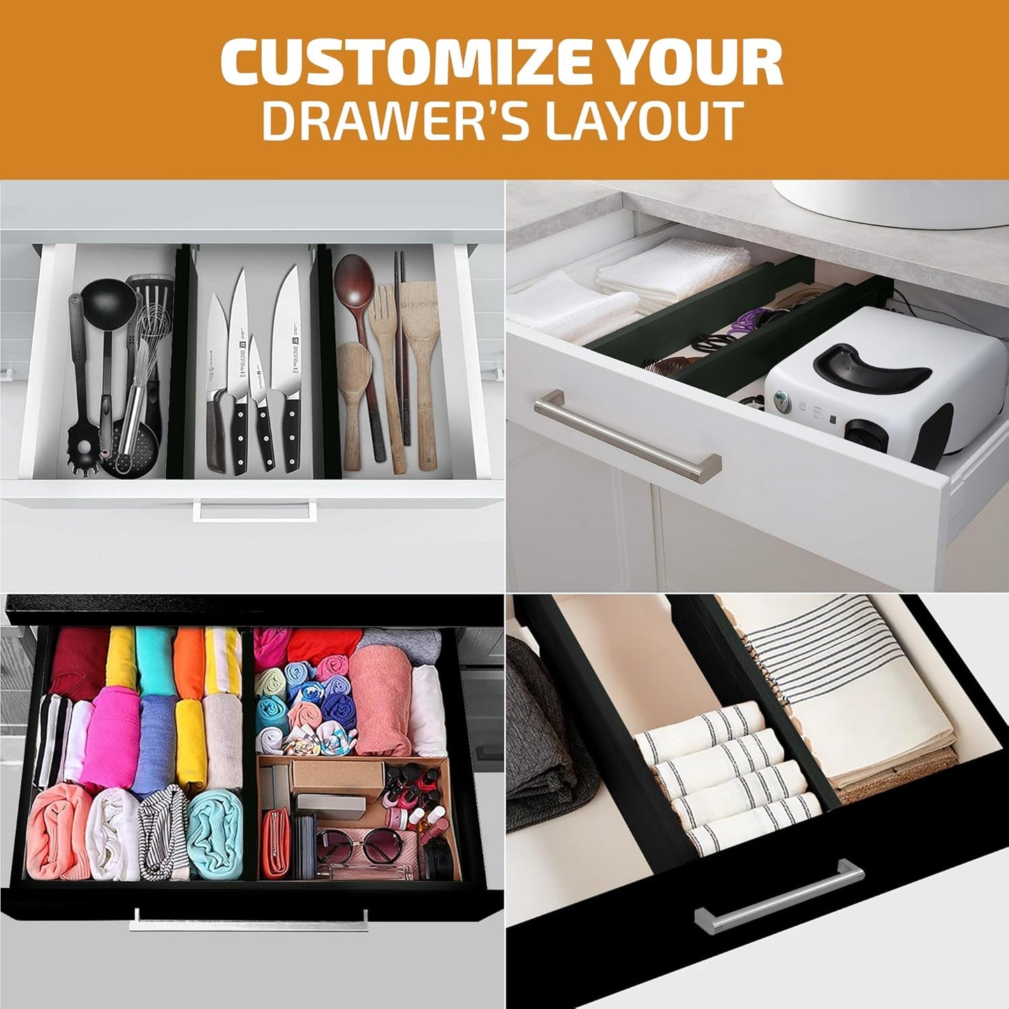 Large Kitchen Drawer Organizer - Expandable Bamboo Drawer Dividers (17" - 21.5") - Adjustable Separators for Kitchen, Clothes, Dresser, Bedroom, Bathroom, and Desk Drawers - 6-Pack (Black)