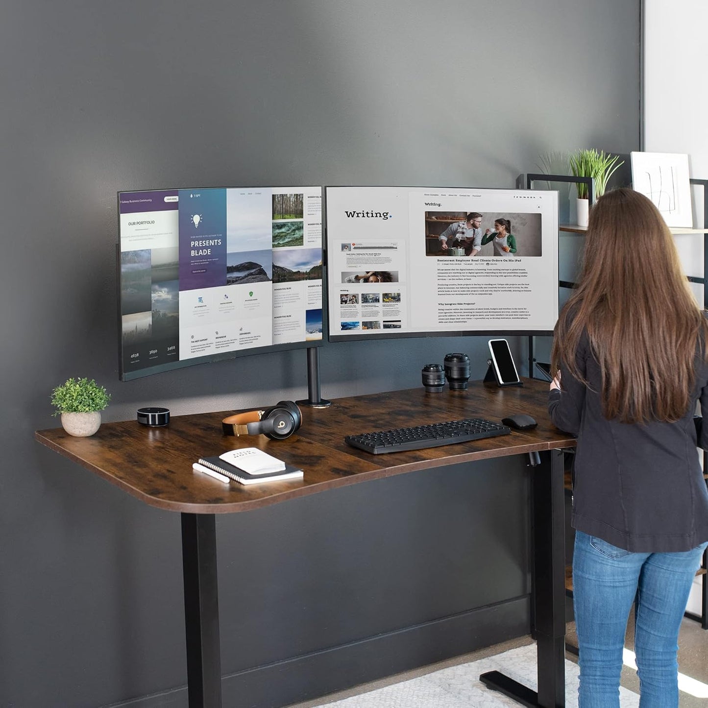 VIVO Electric 63 x 32 in Rustic Standing Desk, Memory Height Adjustment, 1B Series, Vintage Brown Top Black Frame, DESK-KIT-1B1N