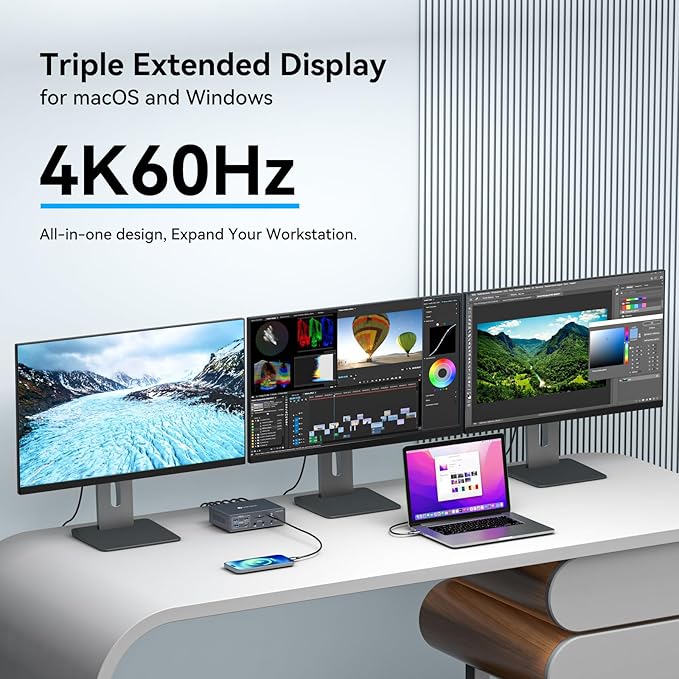 TJCXELE Displaylink Docking Station 4K@60Hz 3 Monitors USB C Dock for MacBook M1 M2 M3 M4,19-in-1 Thunderbolt Dock with 2 HDMI & 2 DisplayPort,PD 100W/USB 3.2 10G USB/Ethernet/Card Readers/Audio