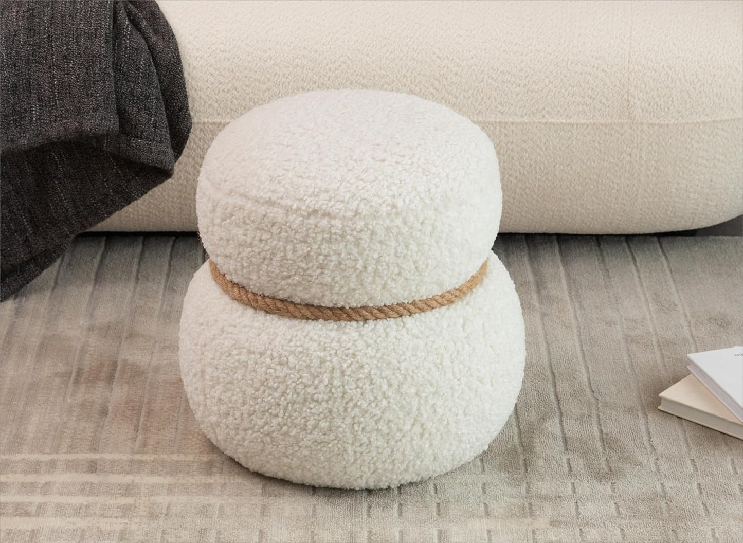 MEETAKING Small Round Foot Stool, Teddy Fabric Footrest Ottoman Stool with Non-Skid Legs, Modern Footstools Step for Couch, Desk, Office, Living Room (Beige)