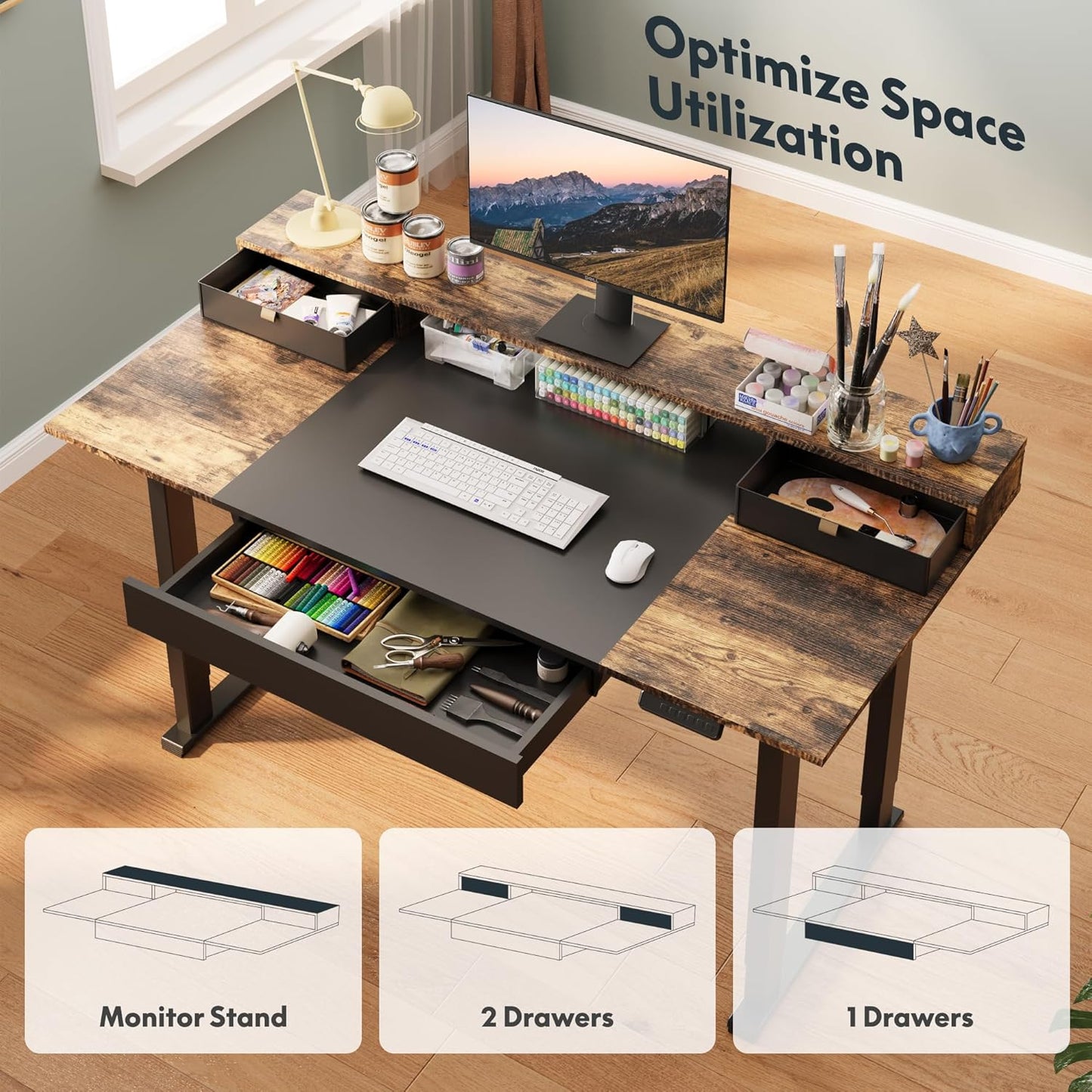 SANODESK Electric Standing Desk with 2 Drawers, 71 x 32 inch Height Adjustable Computer Desk, Home Office Stand Up Desk with 4 Preset Heights, Dark Walnut