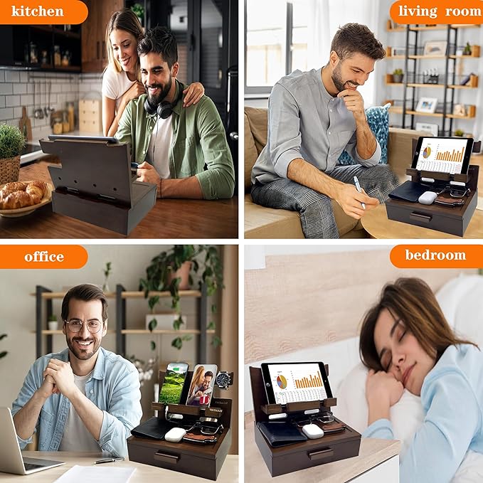 Gifts for Men Women Him Husband Son Boyfriend Birthday Nightstand Organizer Wood Phone Docking Station Birthday Gifts (Deep Walnut)