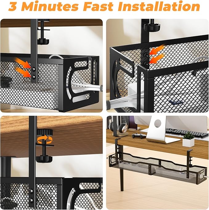 Under Desk Cable Management Tray, 15.7'' No Drill Steel Desk Cable Organizers, Wire Management Tray Cable Management Rack (24.4" Length-Black)
