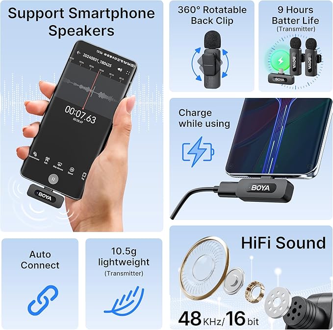 BOYA BY-V20 Wireless Microphones for iPhone 15/16 Series, Android/Laptop with USB-C Port, 328ft Range, 9H Battery Life, Noise Reduction Mini Mic Clip on Lapel Microphone Wireless for Video Recroding